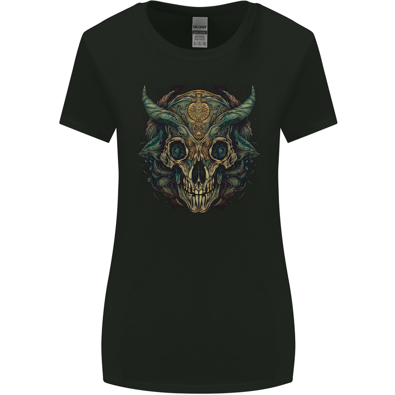A Mystical Bull Skull Demonic Evil Fantasy Womens Wider Cut T-Shirt Black