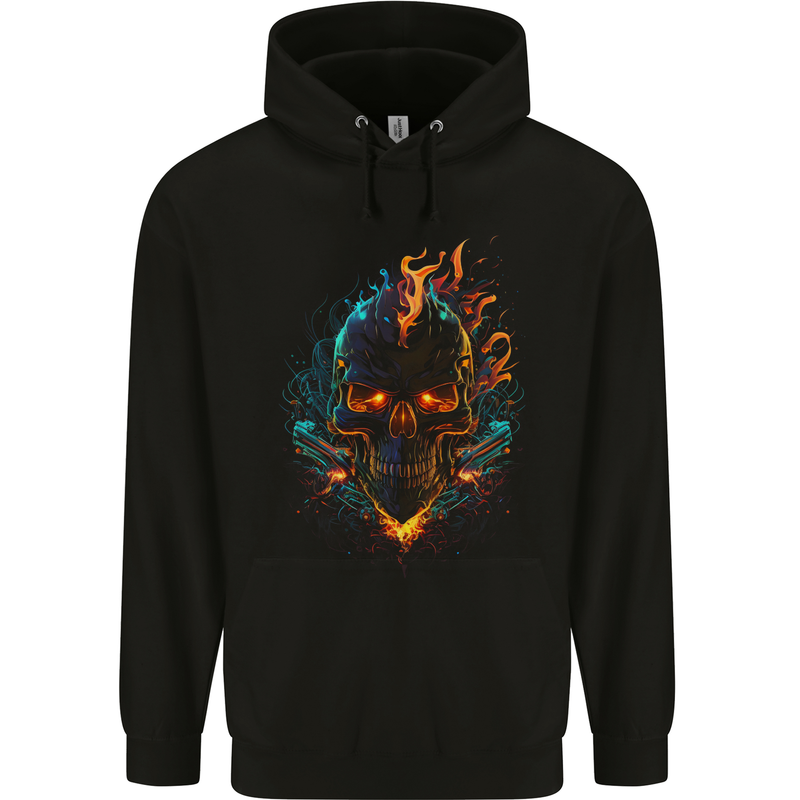 A Neon Skull With Flames Fantasy Demon Childrens Kids Hoodie Black