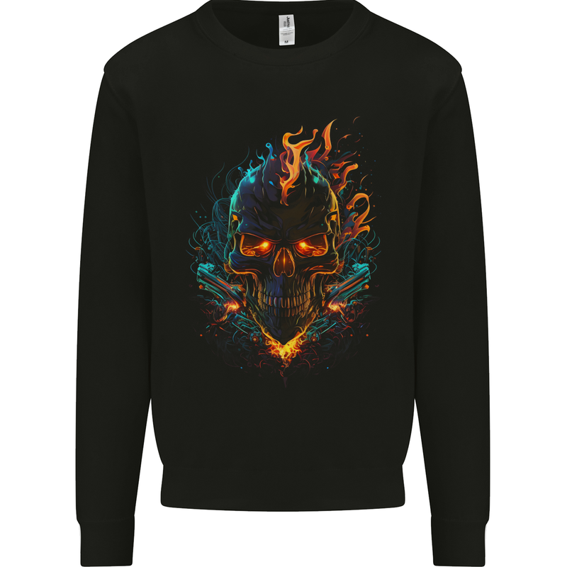 A Neon Skull With Flames Fantasy Demon Kids Sweatshirt Jumper Black