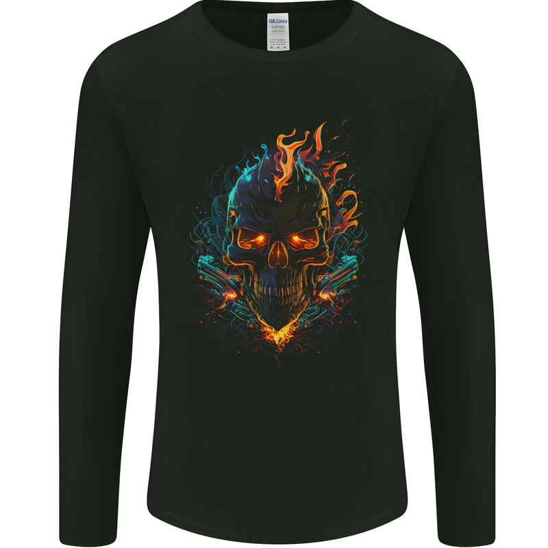 A Neon Skull With Flames Fantasy Demon Mens Long Sleeve T-Shirt Black