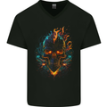 A Neon Skull With Flames Fantasy Demon Mens V-Neck Cotton T-Shirt Black