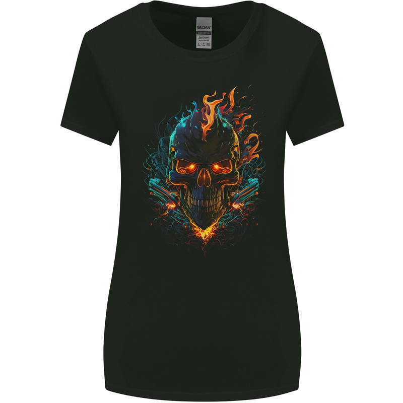 A Neon Skull With Flames Fantasy Demon Womens Wider Cut T-Shirt Black