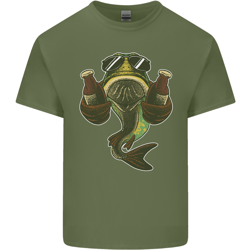 A Pike Fish With Beer Fishing Fisherman Mens Cotton T-Shirt Tee Top Military Green