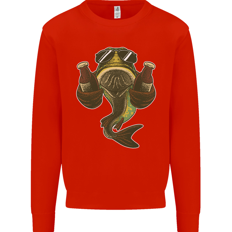 A Pike Fish With Beer Fishing Fisherman Mens Sweatshirt Jumper Bright Red