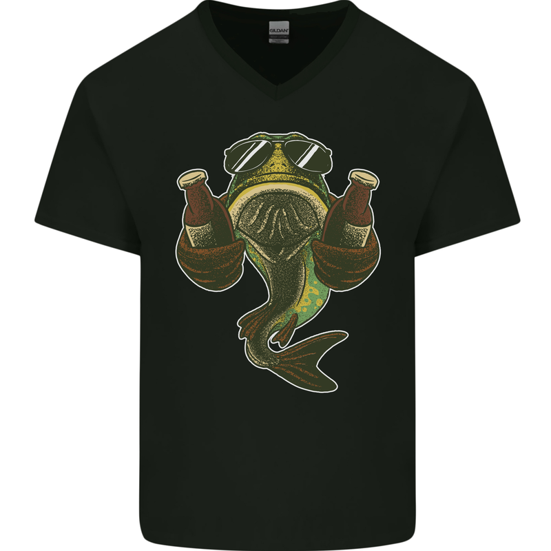 A Pike Fish With Beer Fishing Fisherman Mens V-Neck Cotton T-Shirt Black