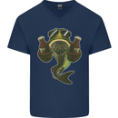 A Pike Fish With Beer Fishing Fisherman Mens V-Neck Cotton T-Shirt Navy Blue