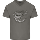 A Pufferfish Puffer Illustration Mens V-Neck Cotton T-Shirt Charcoal