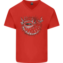 A Pufferfish Puffer Illustration Mens V-Neck Cotton T-Shirt Red