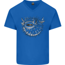 A Pufferfish Puffer Illustration Mens V-Neck Cotton T-Shirt Royal Blue