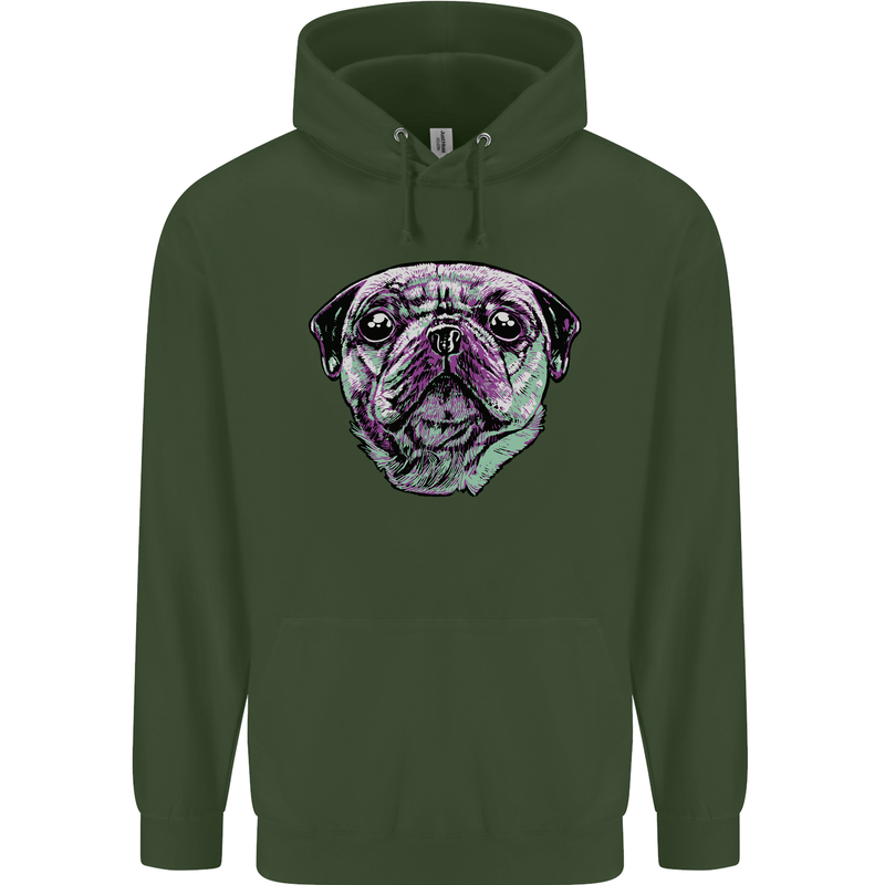 A Pug Face Dog Childrens Kids Hoodie Forest Green