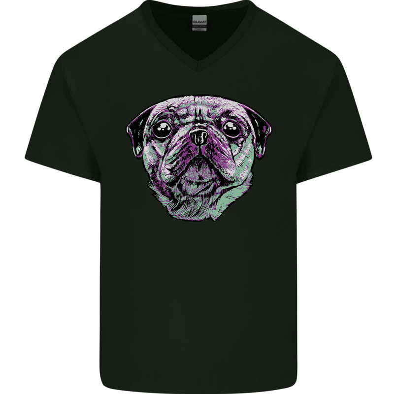 A Pug Face Dog Mens V-Neck Cotton T-Shirt Black