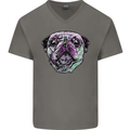 A Pug Face Dog Mens V-Neck Cotton T-Shirt Charcoal