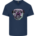 A Pug Face Dog Mens V-Neck Cotton T-Shirt Navy Blue