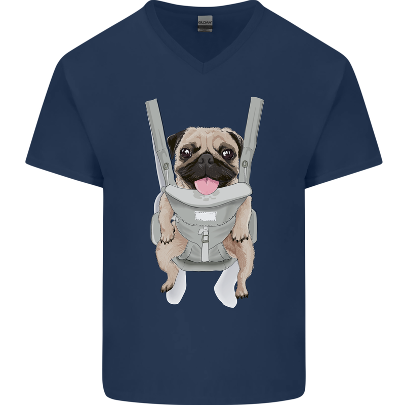 A Pug in a Baby Harness Funny Dog Mens V-Neck Cotton T-Shirt Navy Blue