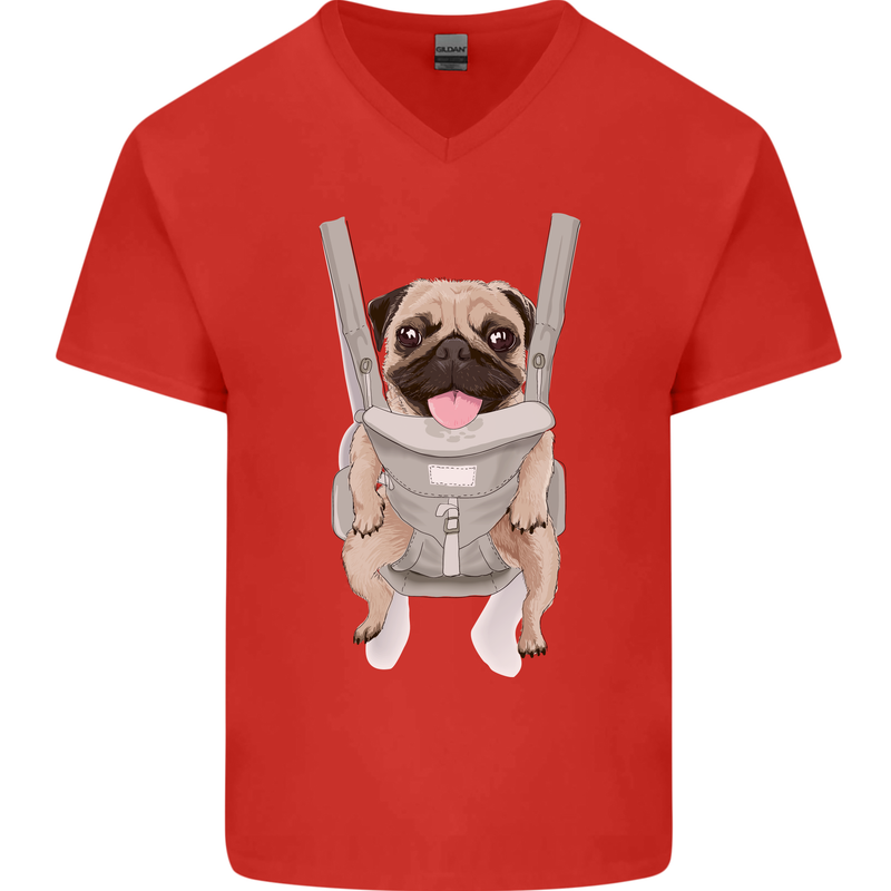 A Pug in a Baby Harness Funny Dog Mens V-Neck Cotton T-Shirt Red