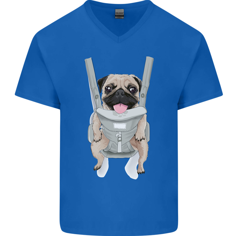 A Pug in a Baby Harness Funny Dog Mens V-Neck Cotton T-Shirt Royal Blue