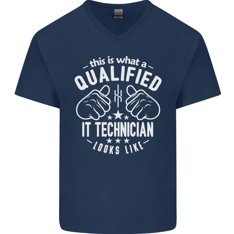 A Qualified IT Technician Looks Like Mens V-Neck Cotton T-Shirt Navy Blue