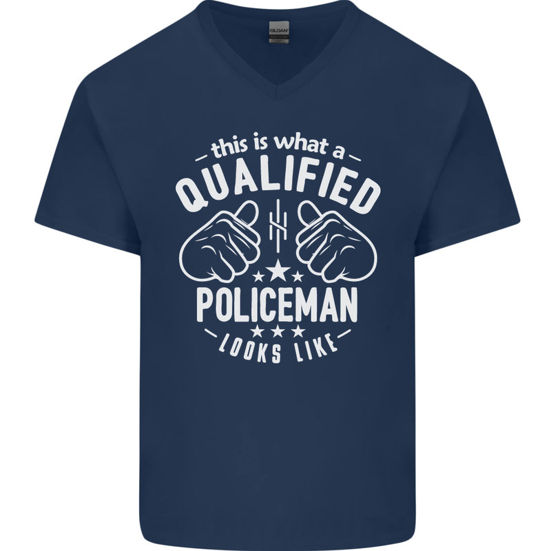 A Qualified Policeman Looks Like Mens V-Neck Cotton T-Shirt Navy Blue