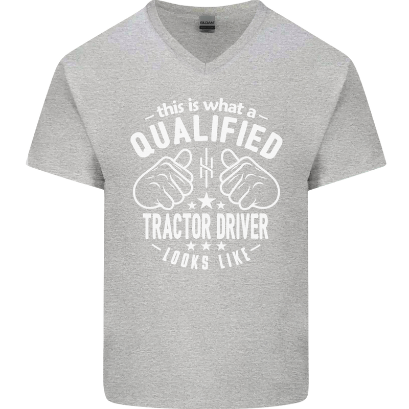 A Qualified Tractor Driver Looks Like Mens V-Neck Cotton T-Shirt Sports Grey
