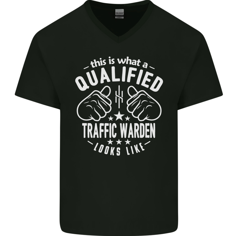 A Qualified Traffic Warden Looks Like Mens V-Neck Cotton T-Shirt Black