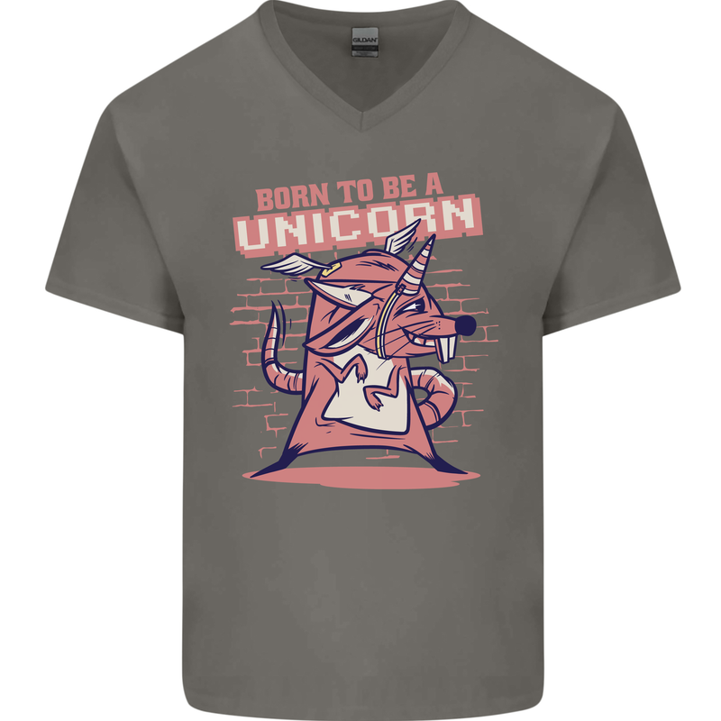 A Rat Born To Be a Unicorn Funny Mens V-Neck Cotton T-Shirt Charcoal