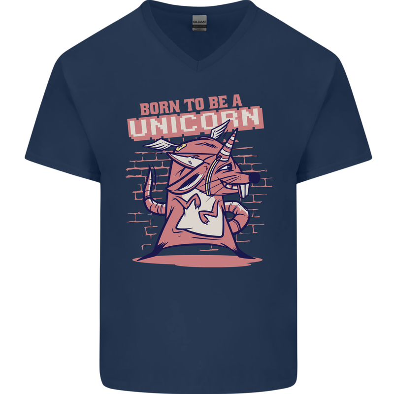 A Rat Born To Be a Unicorn Funny Mens V-Neck Cotton T-Shirt Navy Blue