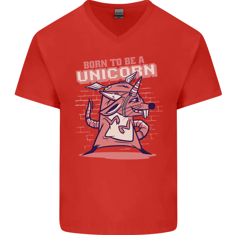 A Rat Born To Be a Unicorn Funny Mens V-Neck Cotton T-Shirt Red