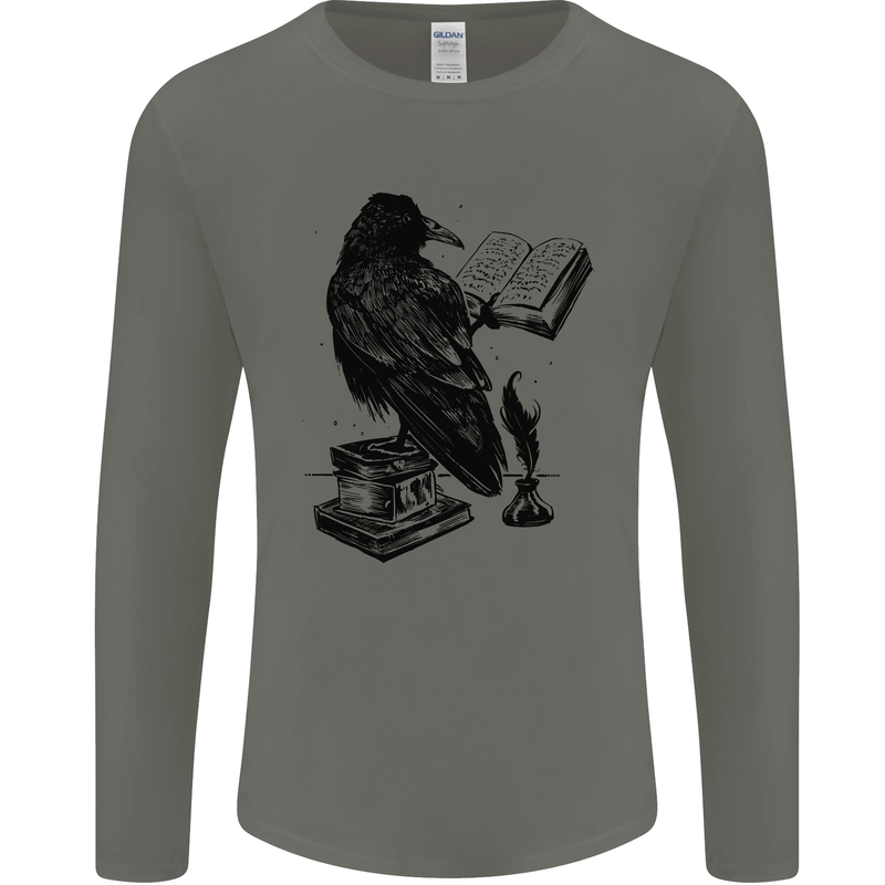 A Raven Reading a Book Literature Mens Long Sleeve T-Shirt Charcoal