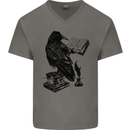 A Raven Reading a Book Literature Mens V-Neck Cotton T-Shirt Charcoal
