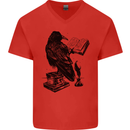 A Raven Reading a Book Literature Mens V-Neck Cotton T-Shirt Red