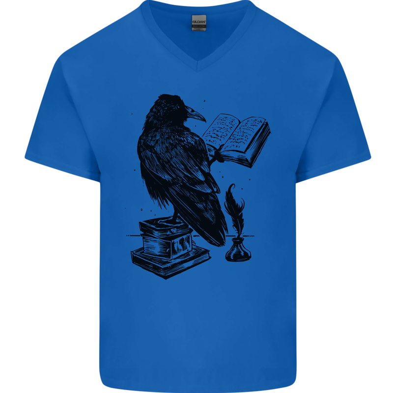 A Raven Reading a Book Literature Mens V-Neck Cotton T-Shirt Royal Blue