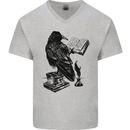 A Raven Reading a Book Literature Mens V-Neck Cotton T-Shirt Sports Grey