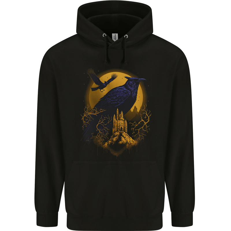 A Raven & Haunted House Moon Halloween Childrens Kids Hoodie Black