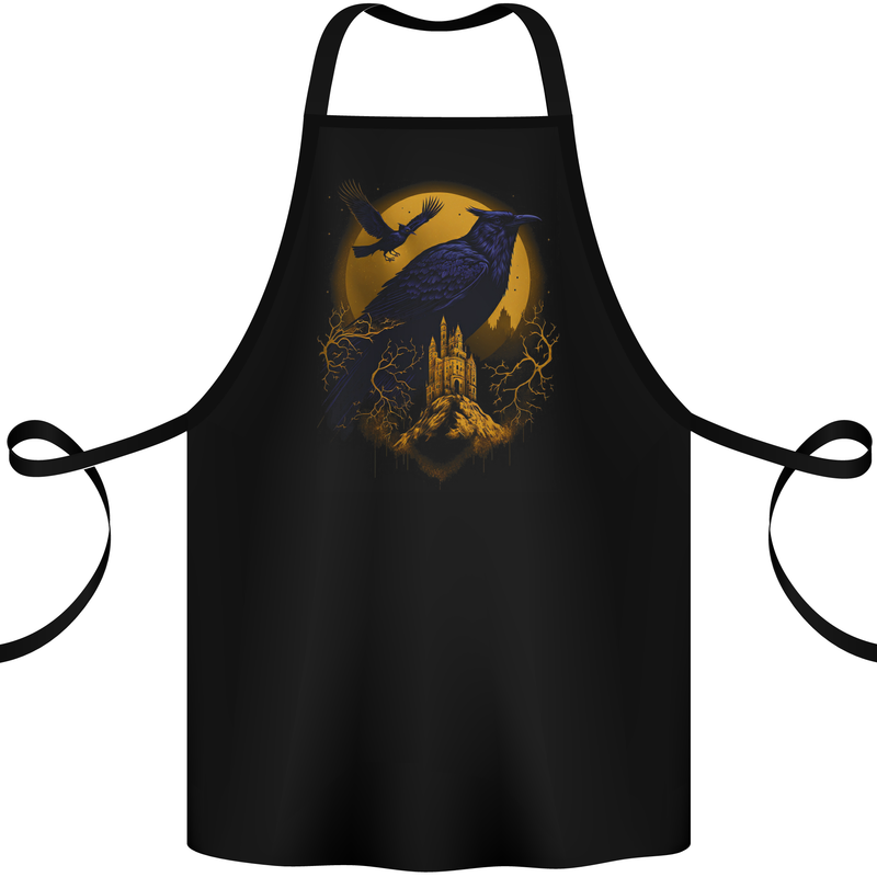 A Raven & Haunted House Moon Halloween Cotton Apron 100% Organic Black