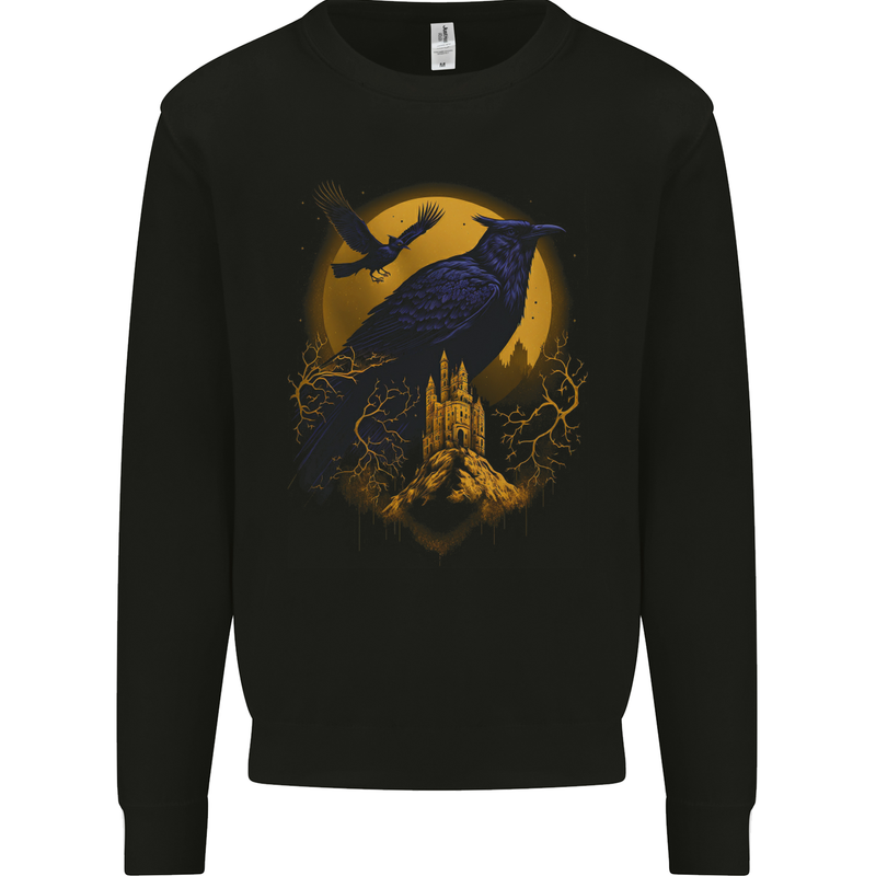 A Raven & Haunted House Moon Halloween Kids Sweatshirt Jumper Black
