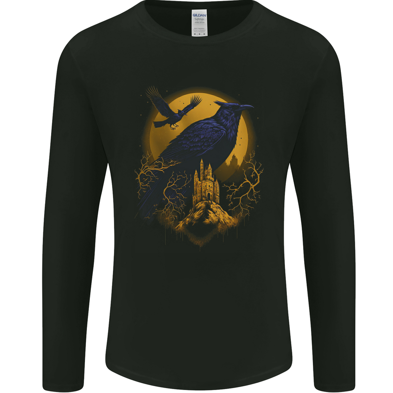 A Raven & Haunted House Moon Halloween Mens Long Sleeve T-Shirt Black