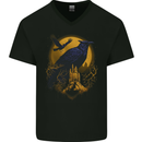 A Raven & Haunted House Moon Halloween Mens V-Neck Cotton T-Shirt Black