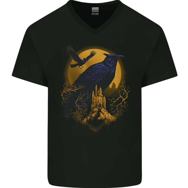A Raven & Haunted House Moon Halloween Mens V-Neck Cotton T-Shirt Black