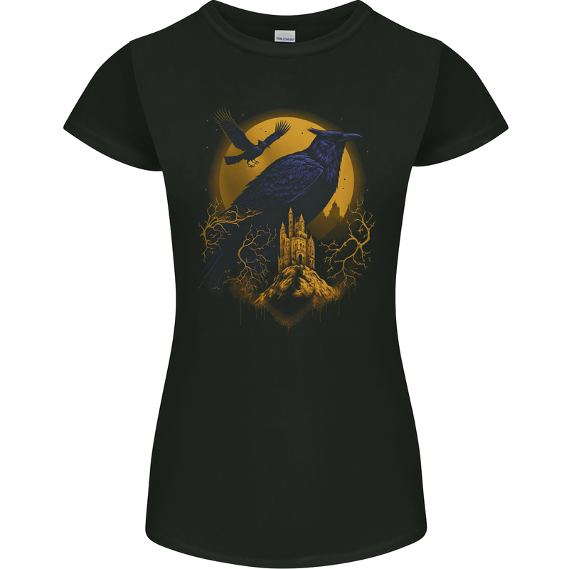 A Raven & Haunted House Moon Halloween Womens Petite Cut T-Shirt Black