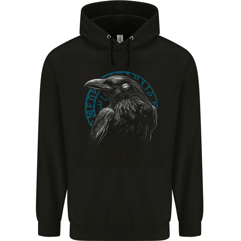A Raven in Viking Symbols Text Valhalla Childrens Kids Hoodie Black