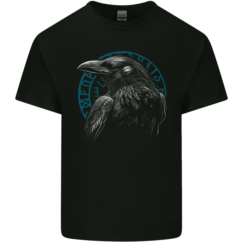 A Raven in Viking Symbols Text Valhalla Mens Cotton T-Shirt Tee Top Black