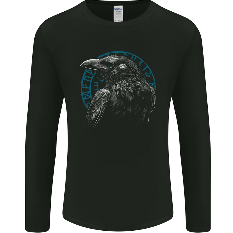 A Raven in Viking Symbols Text Valhalla Mens Long Sleeve T-Shirt Black