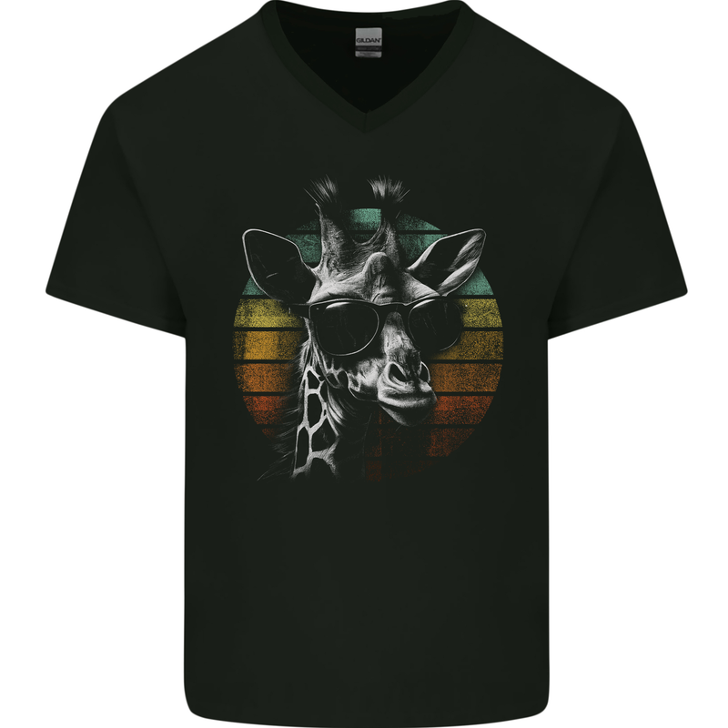 A Retro Giraffe Mens V-Neck Cotton T-Shirt Black