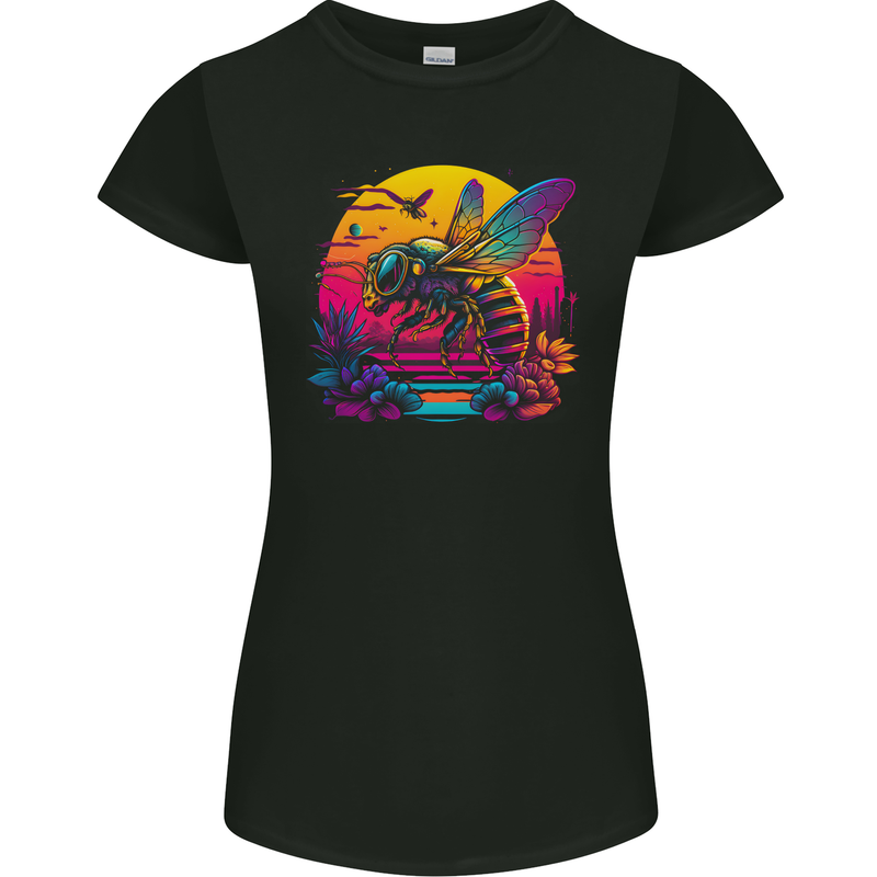A Retrowave Bee Retro Colour Womens Petite Cut T-Shirt Black