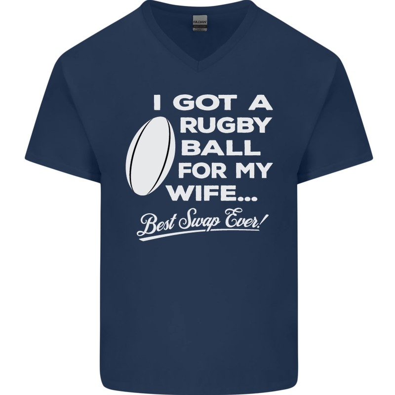 A Rugby Ball for My Wife Player Union Funny Mens V-Neck Cotton T-Shirt Navy Blue