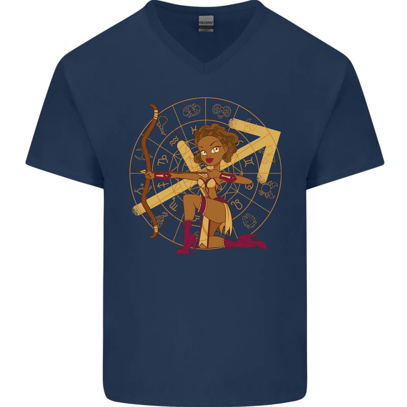 A Sagittarius Female Archer Star Sign Zodiac Mens V-Neck Cotton T-Shirt Navy Blue