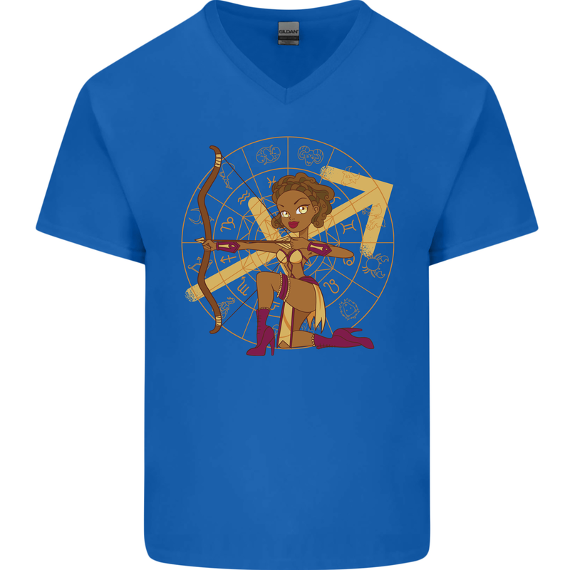 A Sagittarius Female Archer Star Sign Zodiac Mens V-Neck Cotton T-Shirt Royal Blue