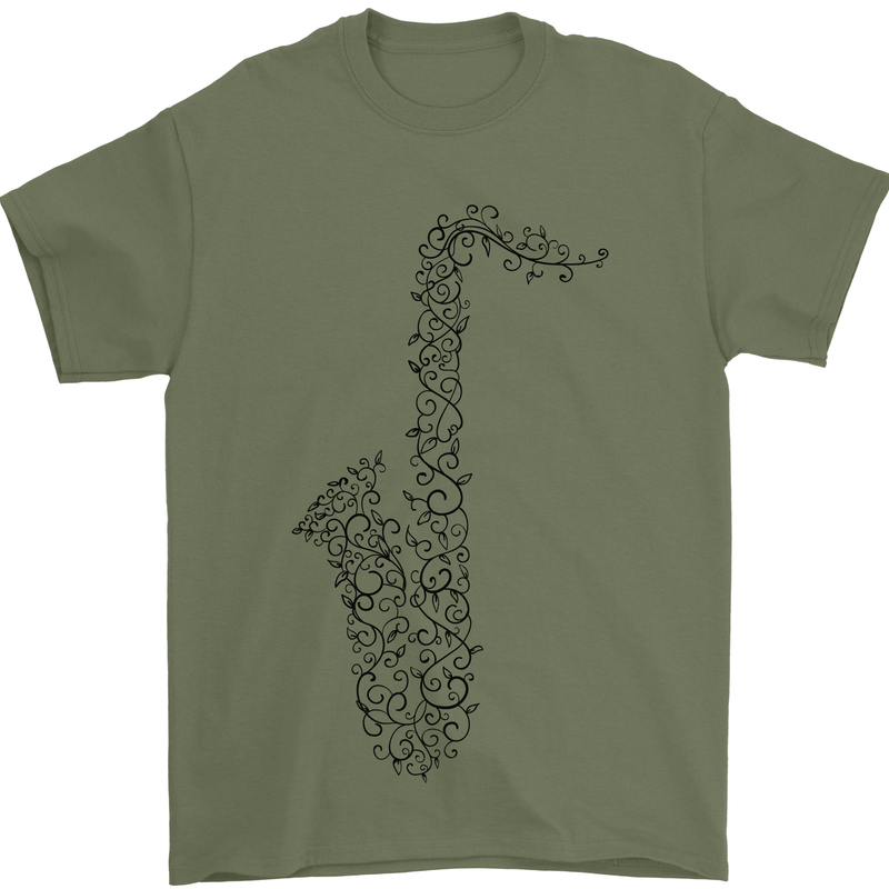 A Saxaphone Musical Instrument Brass Band Mens T-Shirt 100% Cotton Military Green