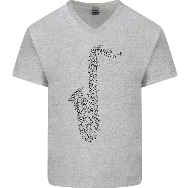 A Saxaphone Musical Instrument Brass Band Mens V-Neck Cotton T-Shirt Sports Grey