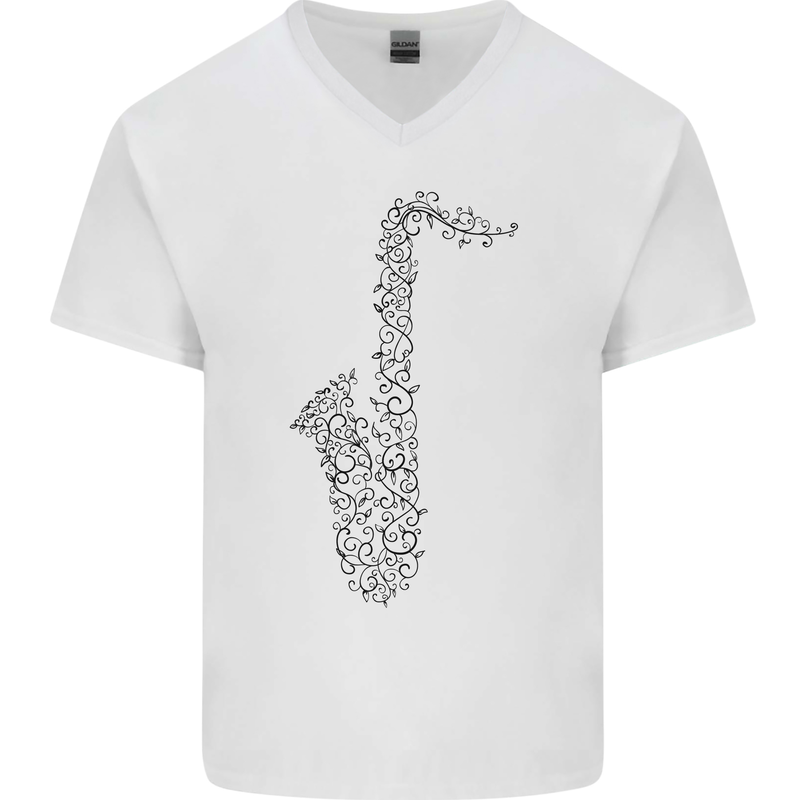 A Saxaphone Musical Instrument Brass Band Mens V-Neck Cotton T-Shirt White